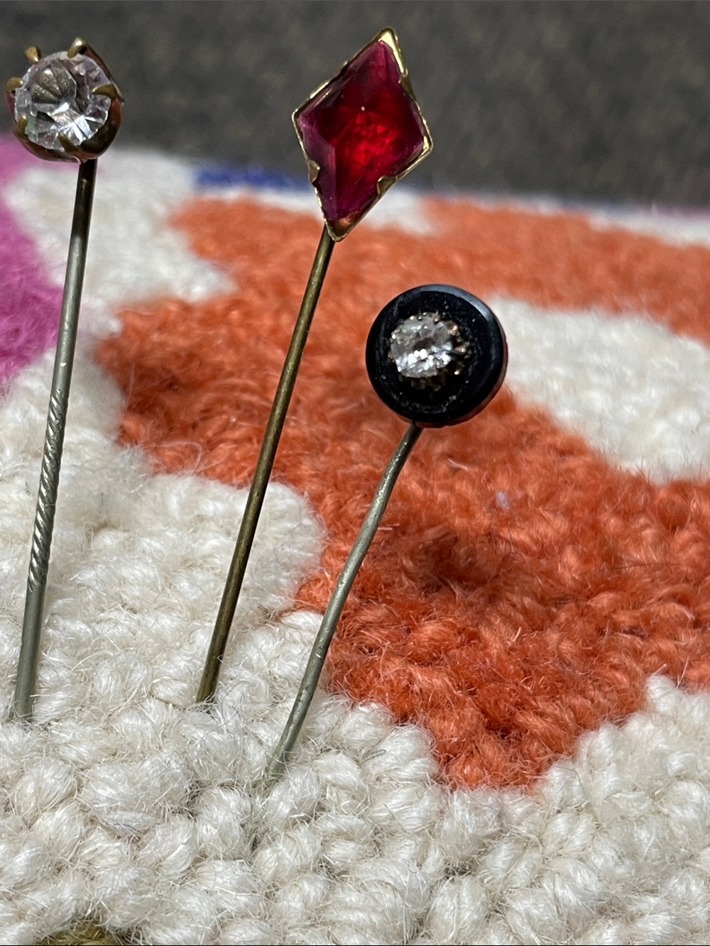 Vintage  3 Hat stick Pins with Crystals and red gem Accents